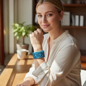 Carole Stretch Bracelet 5 Strand Blue And Gold Beaded NWT